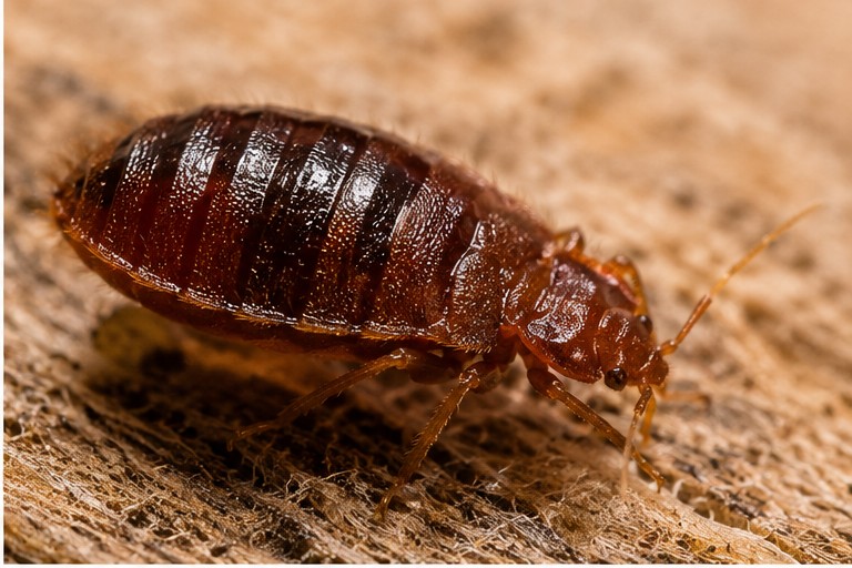 Side profile of a bed bug showing its flat, oval body